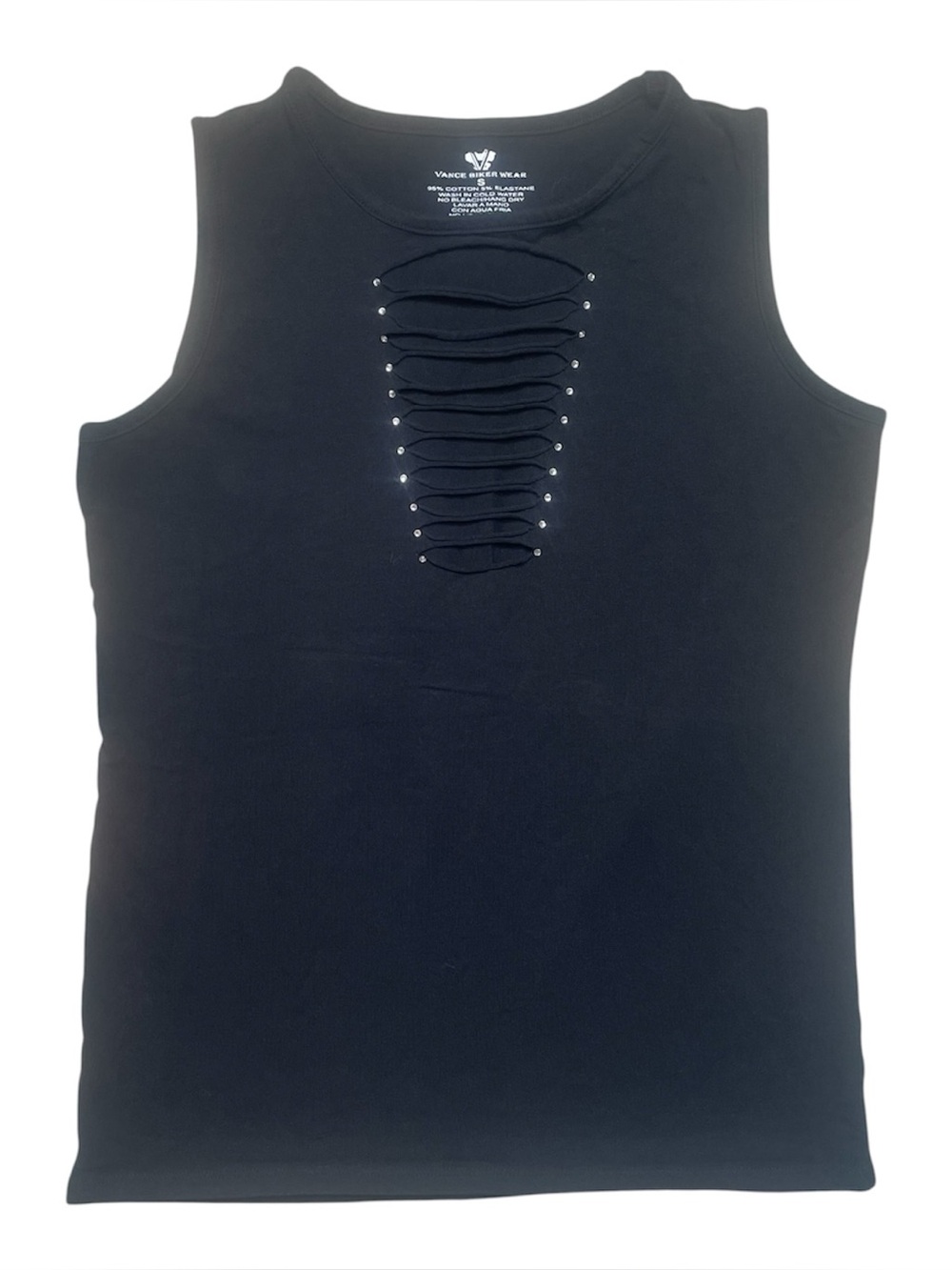 Vance Biker Wear black shredded rhinestone graphic print back tank top women’s S